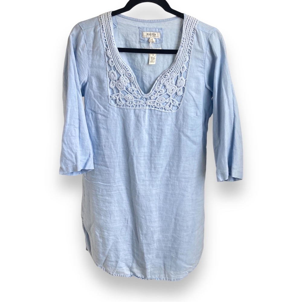 Malvin Germany Women's Small Tunic Blue 100% Linen‎ 3/4 Sleeve Dress Coverup